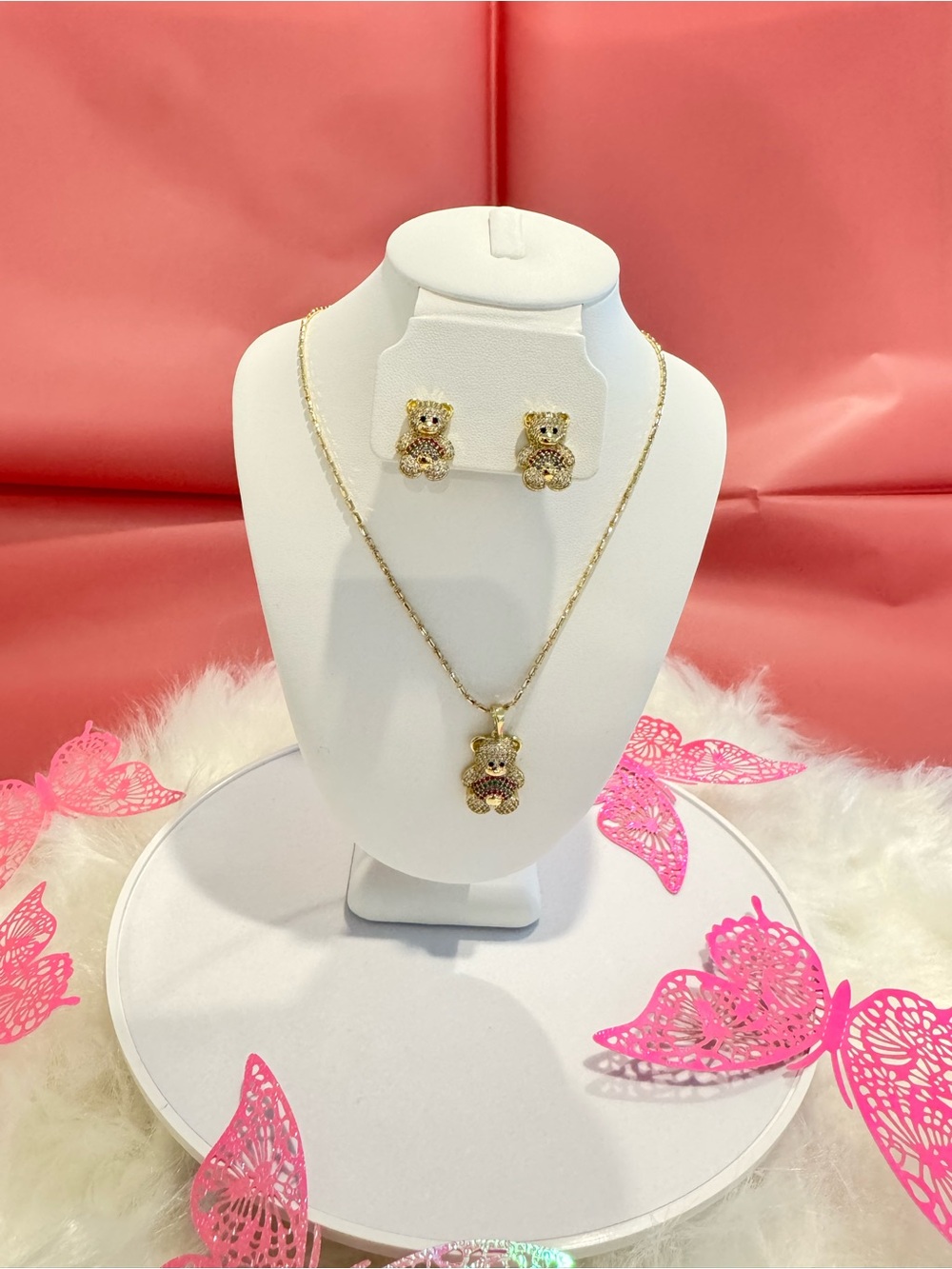 Gold Teddy Bear Pendant Necklace and Stud Earring Set